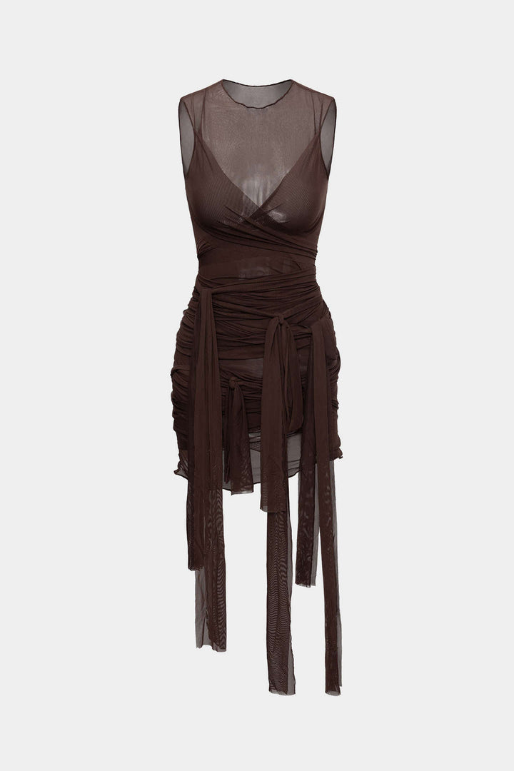 NILDA – VESTIDO MINI DE MALLA TRANSPARENTE CON LAZO