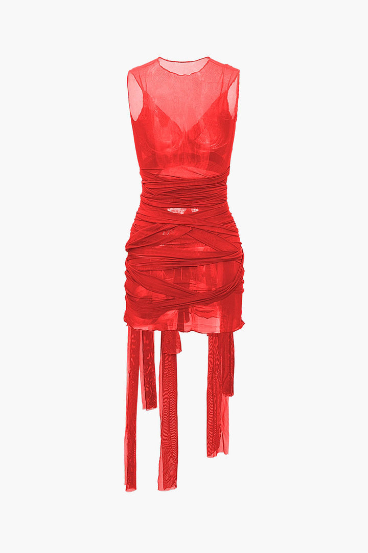 NILDA – VESTIDO MINI DE MALLA TRANSPARENTE CON LAZO
