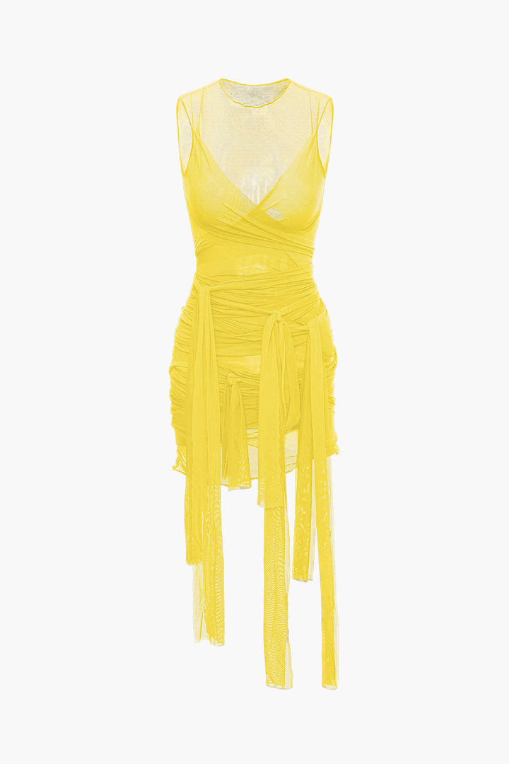 NILDA – VESTIDO MINI DE MALLA TRANSPARENTE CON LAZO