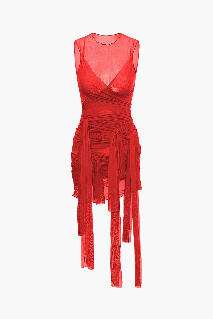NILDA – VESTIDO MINI DE MALLA TRANSPARENTE CON LAZO