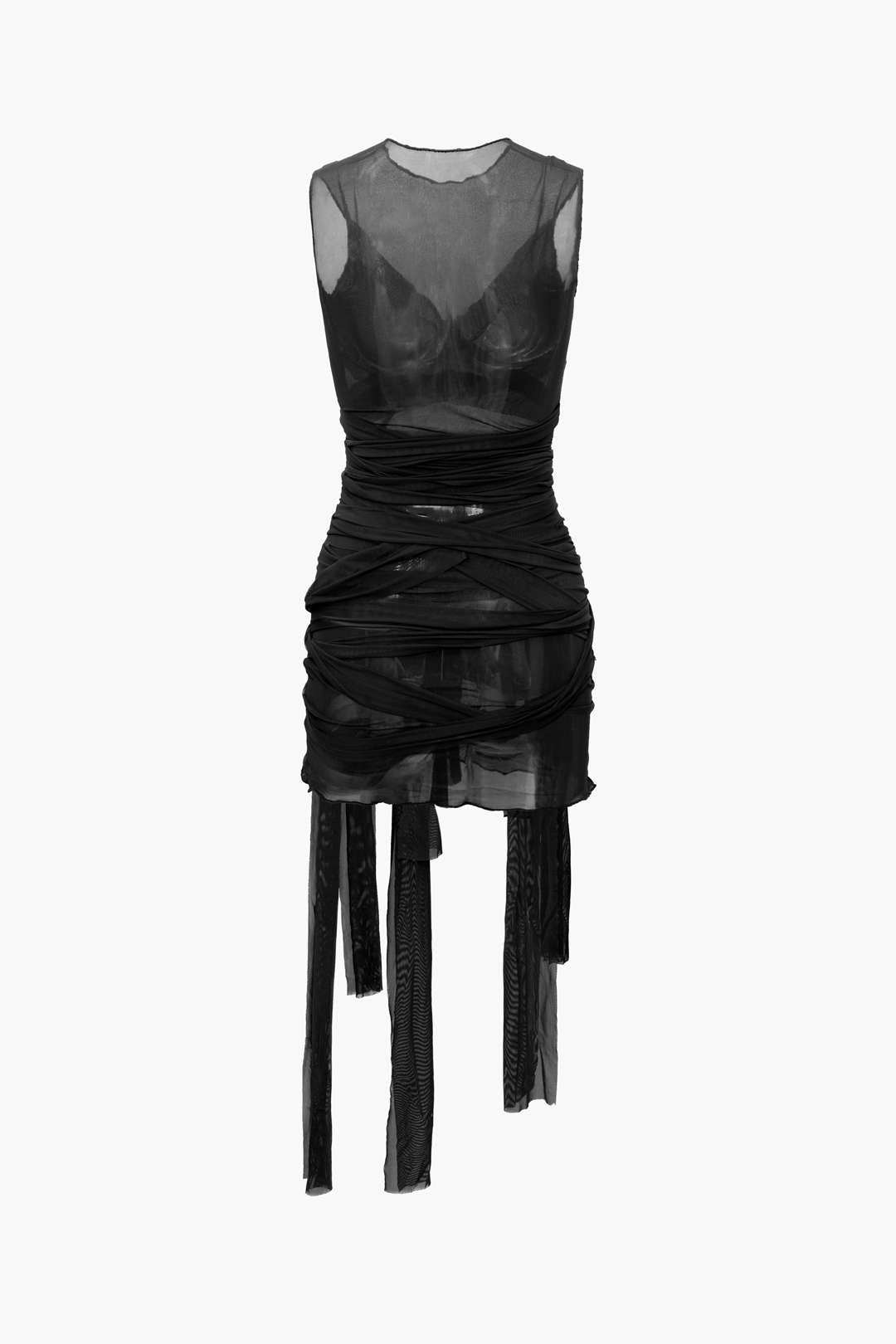 NILDA – VESTIDO MINI DE MALLA TRANSPARENTE CON LAZO