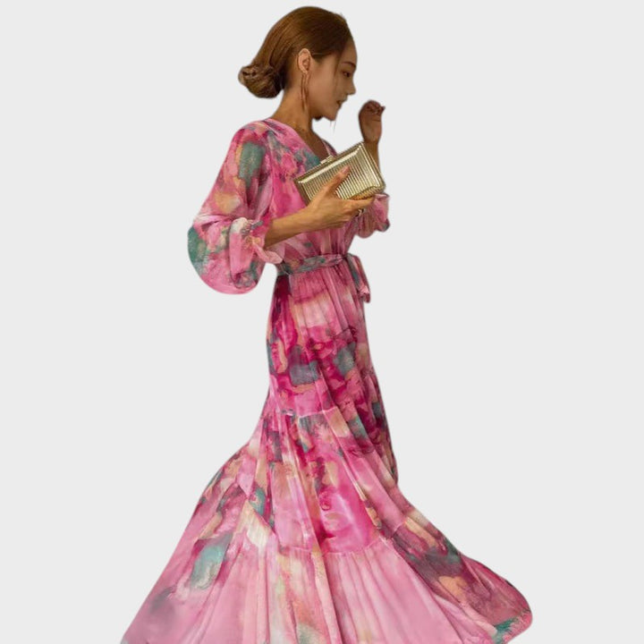 TRINITY - VESTIDO MAXI BOHO PLISADO CON ESCOTE EN V