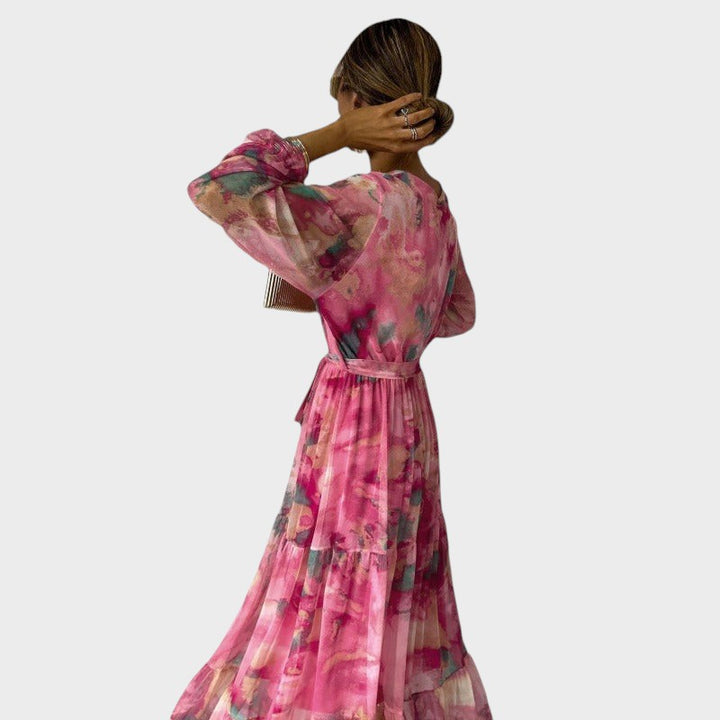 TRINITY - VESTIDO MAXI BOHO PLISADO CON ESCOTE EN V
