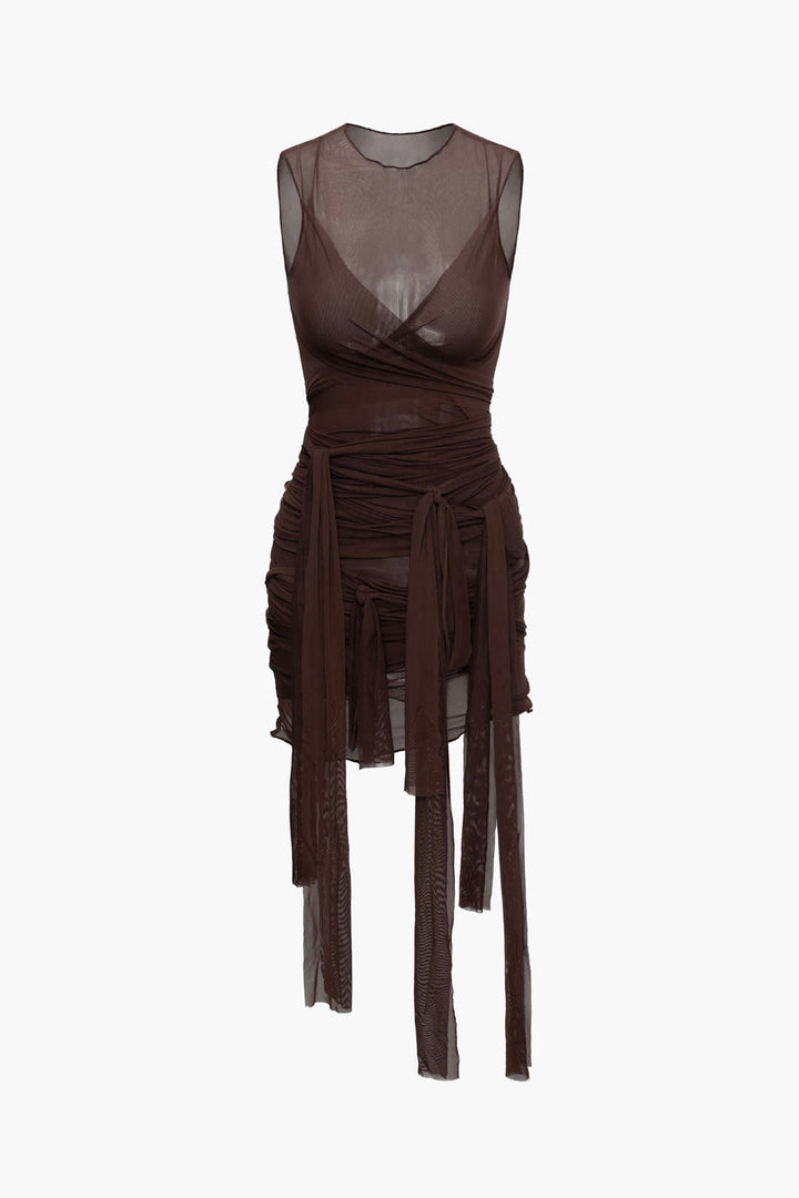 NILDA – VESTIDO MINI DE MALLA TRANSPARENTE CON LAZO