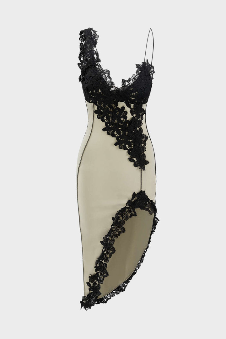 ALEJANDRA - VESTIDO MIDI ASIMÉTRICO CON ENCAJE Y PANELES DELICADOS