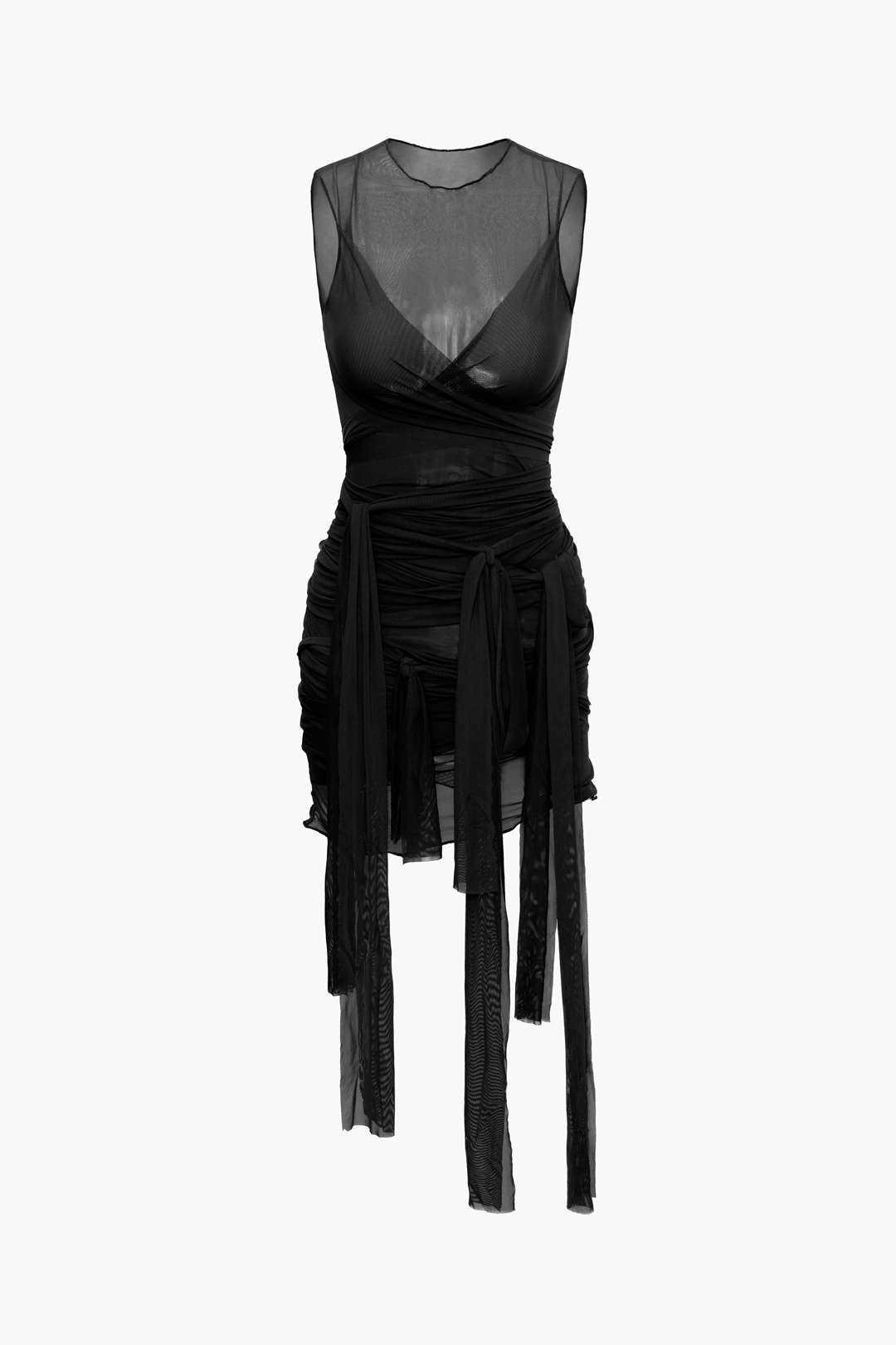 NILDA – VESTIDO MINI DE MALLA TRANSPARENTE CON LAZO