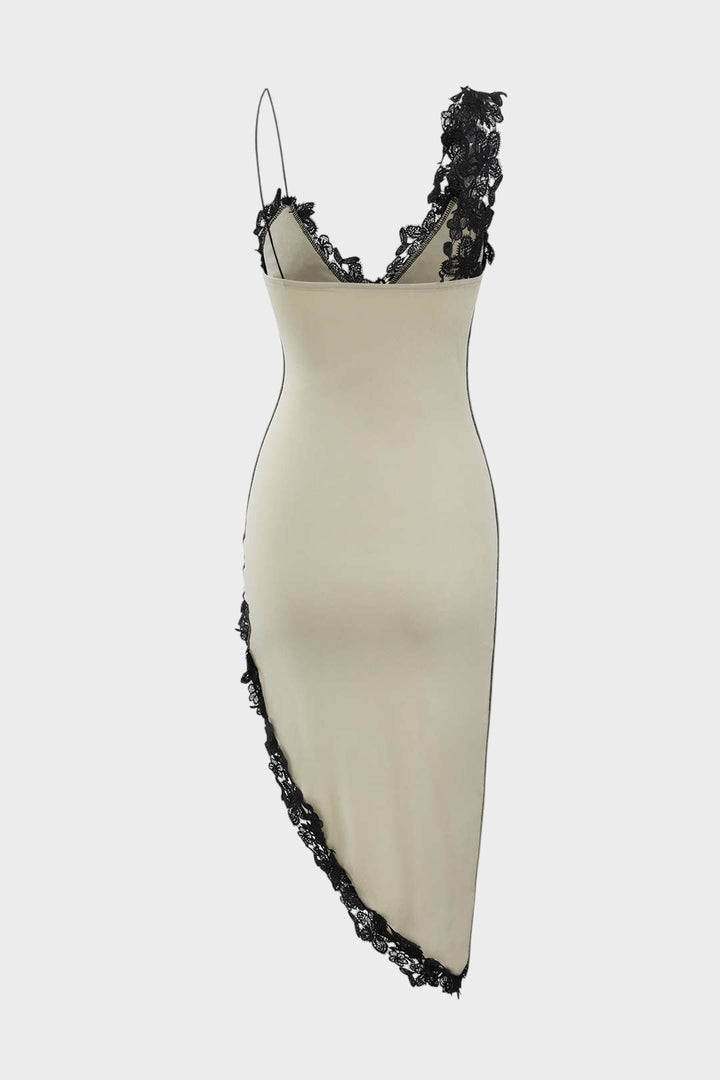 ALEJANDRA - VESTIDO MIDI ASIMÉTRICO CON ENCAJE Y PANELES DELICADOS